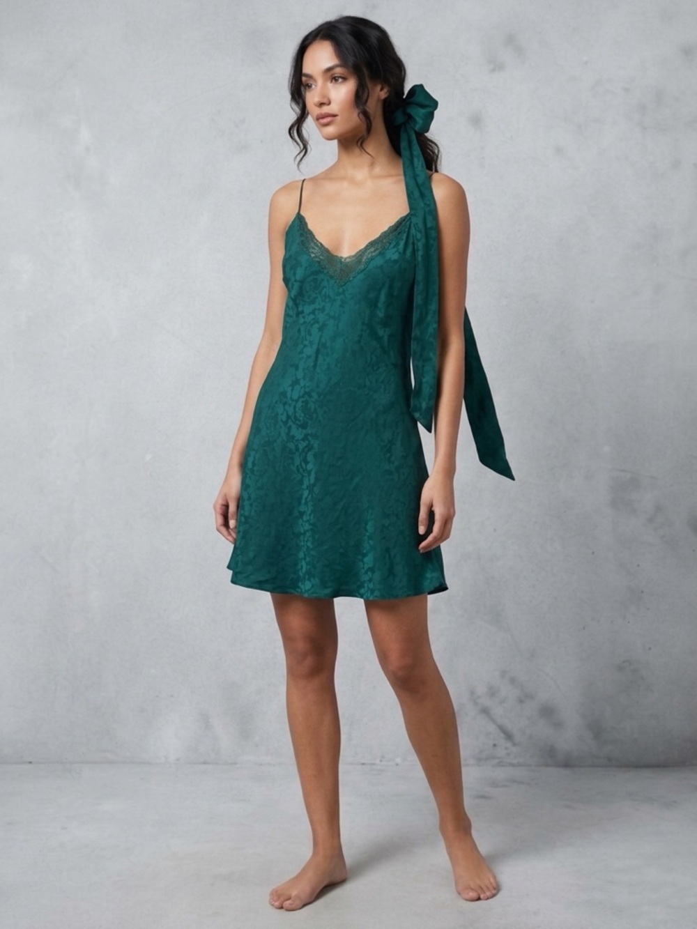 Vtg 100% Silk Teal Green Floral Lace Romantic Nightgown with matching ribbon